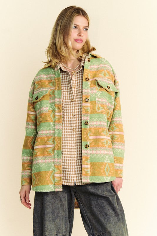 Davi & Dani High-Low Geometric Pattern Long Sleeves Pockets Shacket | Gum Leaf