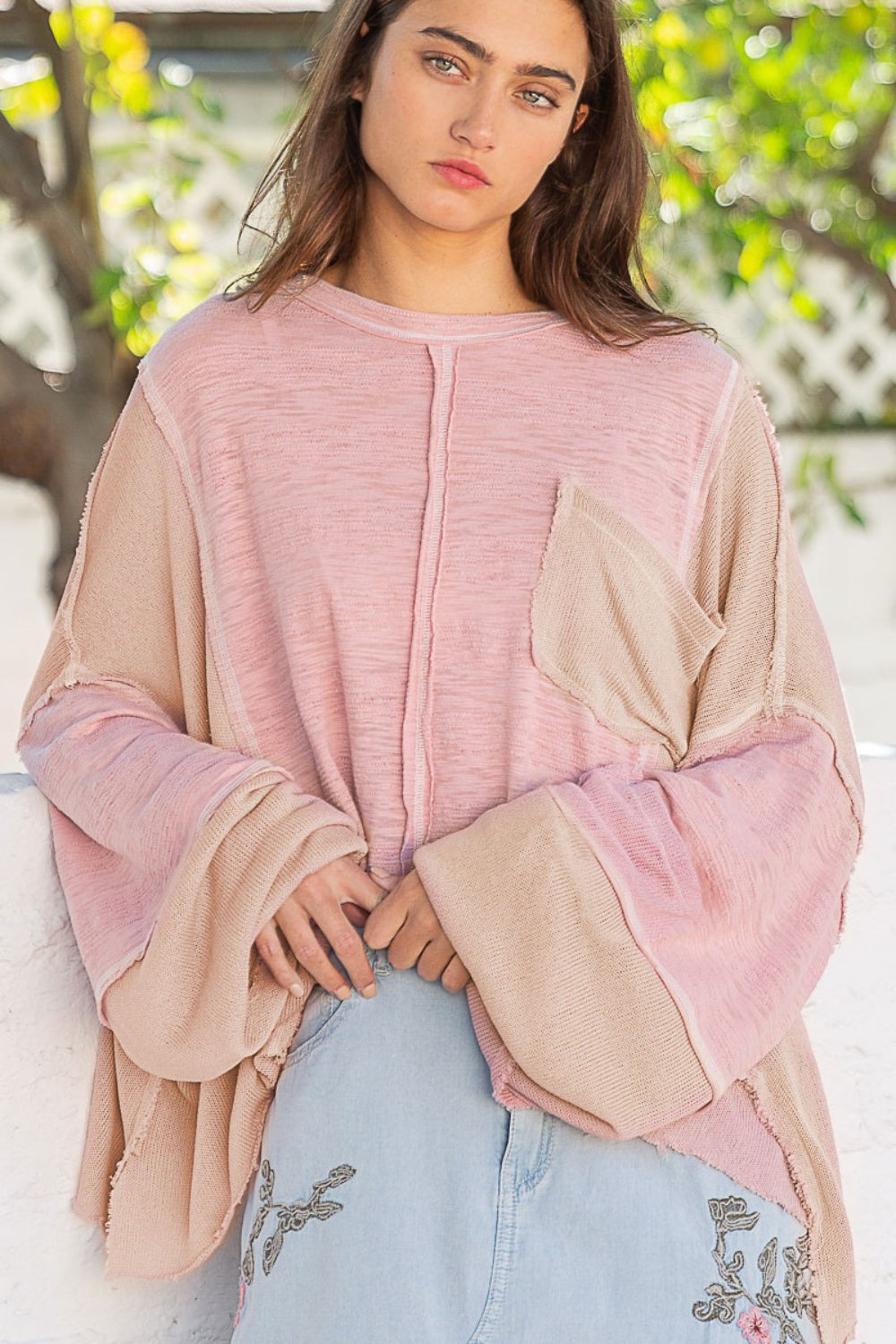 POL Oversized Round Neck Contrast Stitching High-Low Long Sleeves Top | Mauve