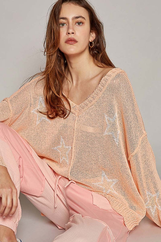 POL V-Neck Long Sleeves Star Print Drop Shoulders Oversized Knit Top