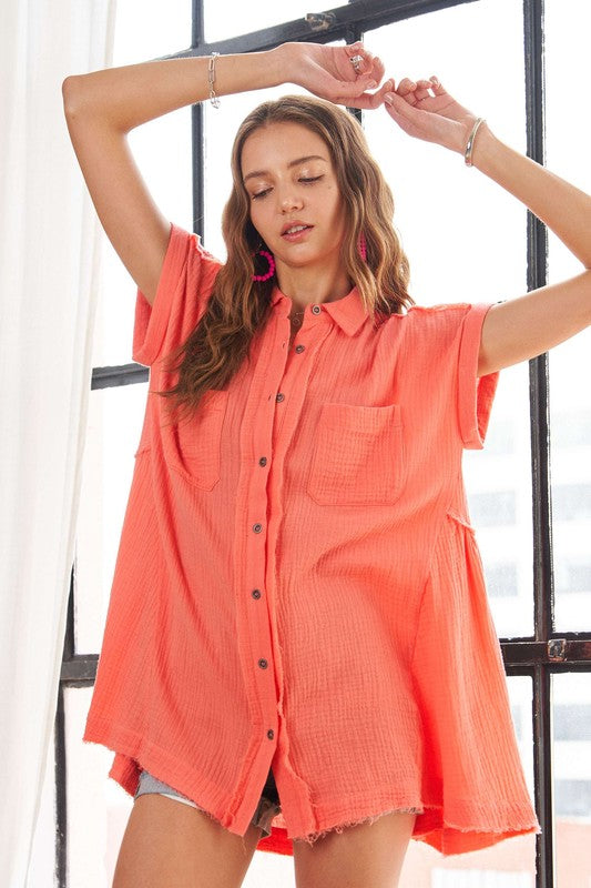 ADORA Raw Hem Collared Neck Short Sleeves Button Down Pockets Shirt | Coral