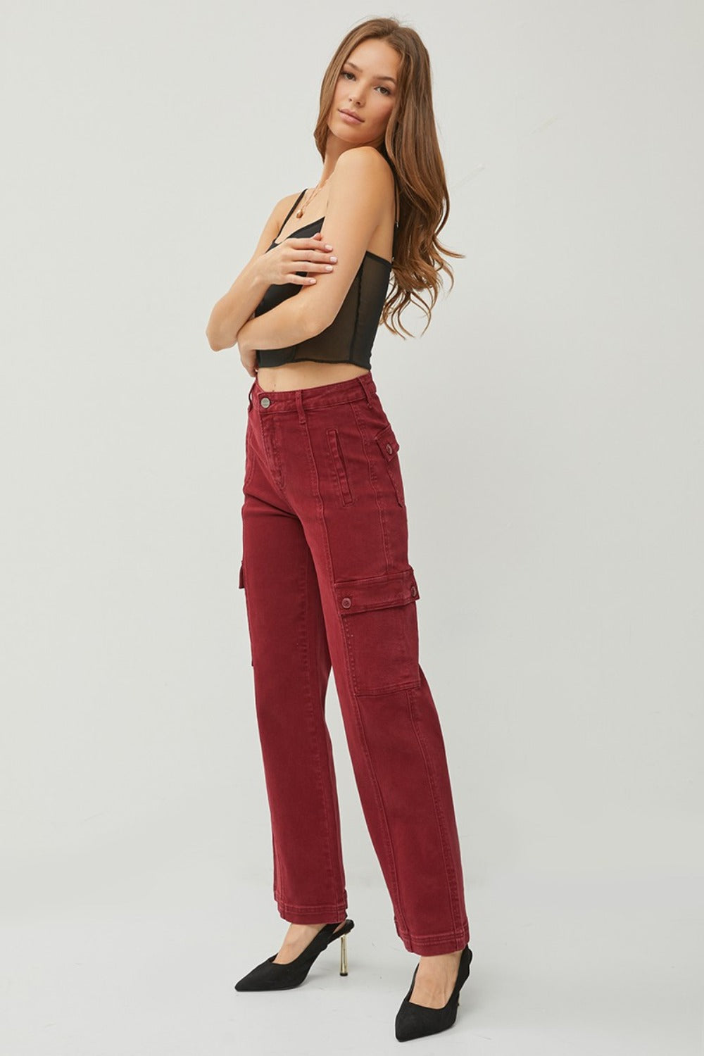 RISEN High Rise Cargo Pockets Zipper Fly Stretchy Wide Leg Denim Jeans | Wine