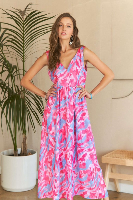 ADORA Abstract Floral Pattern V-Neck Sleeveless Zipper Back Maxi Dress | Pink