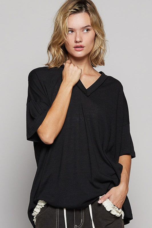 POL V-Neckline Short Sleeves Roomy Fit Stone Washed Knit T-Shirt | Black