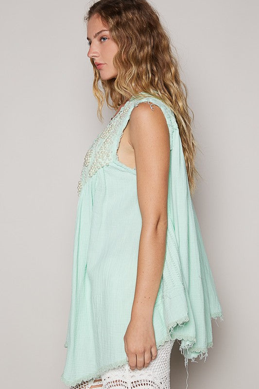 POL Embroidered Pearl Detail Layering Open Front Sleeveless Cardigan | Pale Mint