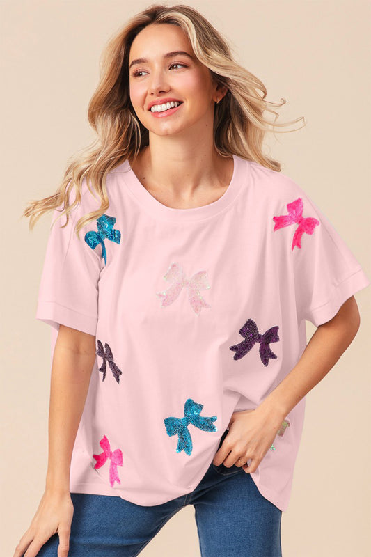 BiBi Solid Drop Shoulders Sequin Bows Patch Short Sleeves T-Shirt | Blush