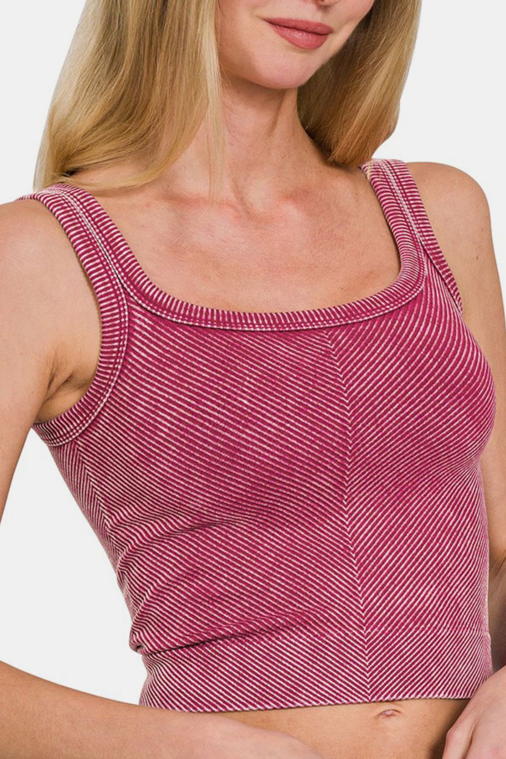 Zenana Stone Washed Ribbed Scoop Neck Seamless Wide Strap Tank Top | Burgundy