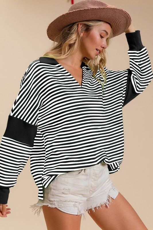 BiBi Contrast Striped Pattern Long Sleeves Loose Fit Knit Top | Black