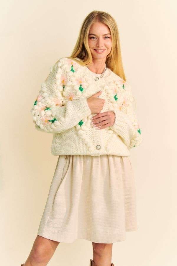 Davi & Dani Embellishments Floral Pattern Button Up Chunky Knit Cardigan | Cream