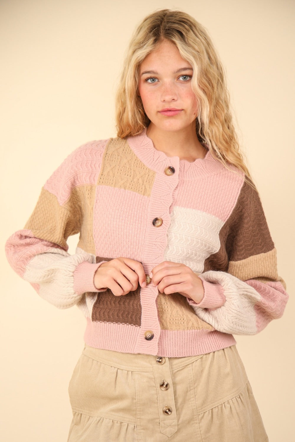 VERY J Color Block Button Down Textured Knit Cropped Sweater Cardigan | Blush