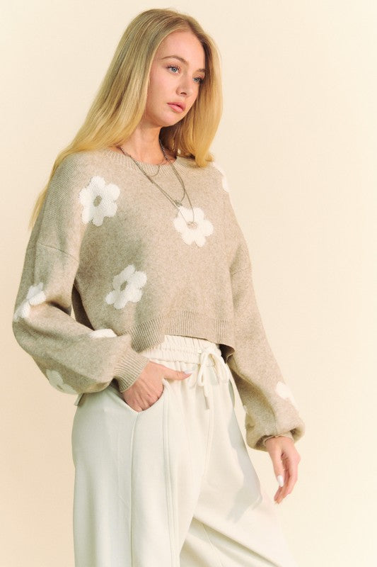 Davi & Dani Floral Pattern Drop Shoulder Long Sleeves Cropped Sweater | Tan