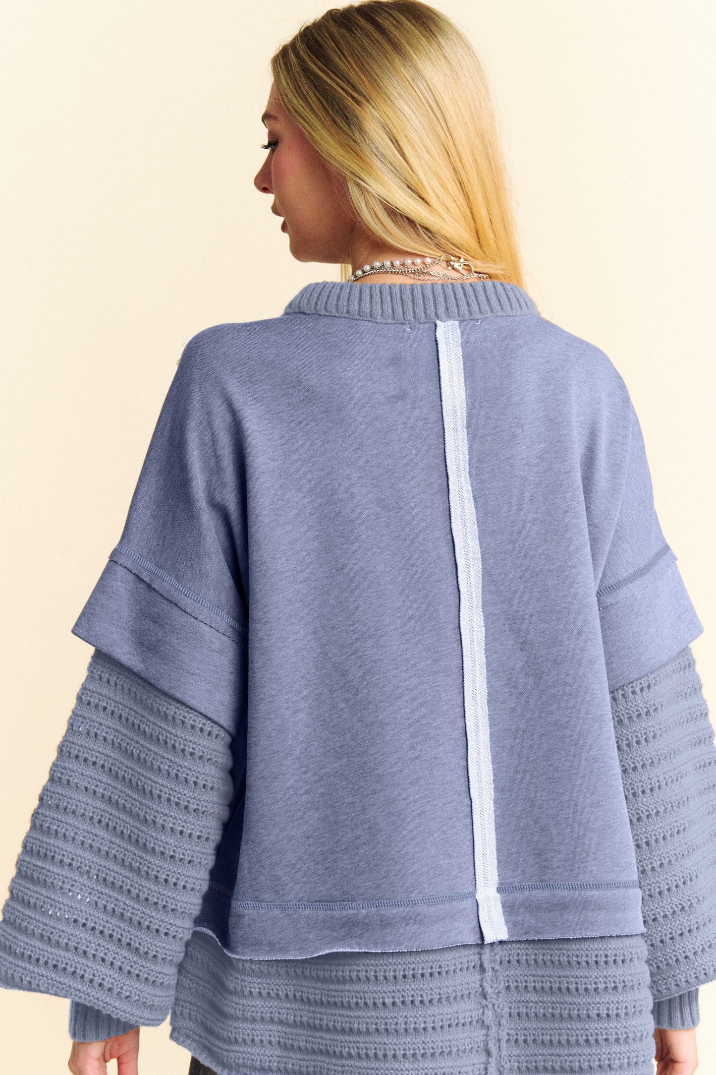 Davi & Dani Faux Layered Detail Round Neck Ribbed Knit Trim Sweater | Dusty Blue