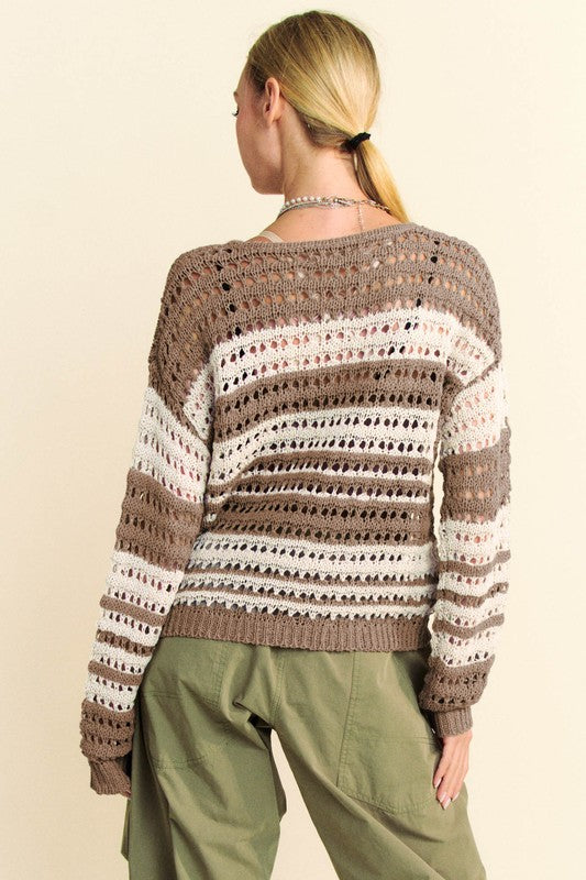 Davi & Dani Contrast Striped Crochet Tie Ribbon Loose Fit Knit Sweater | Taupe