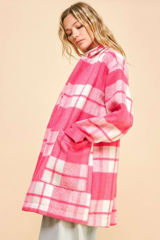 Davi & Dani Checker Plaid Pocket Drop Shoulder Open Front Coat Jacket | Hot Pink