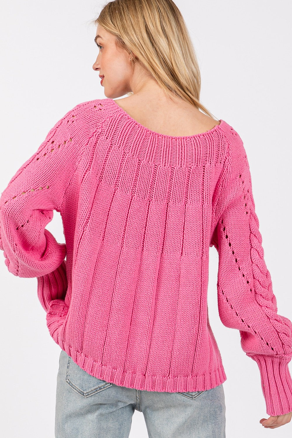 SAGE + FIG Cable Knit Long Sleeves Boat Neckline Pullover Sweater | Deep Pink