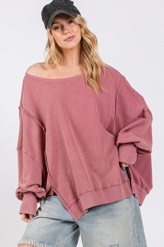 SAGE + FIG Mineral Wash Side Slit Wide Scoop Neck Oversize Sweatshirt | Mulberry