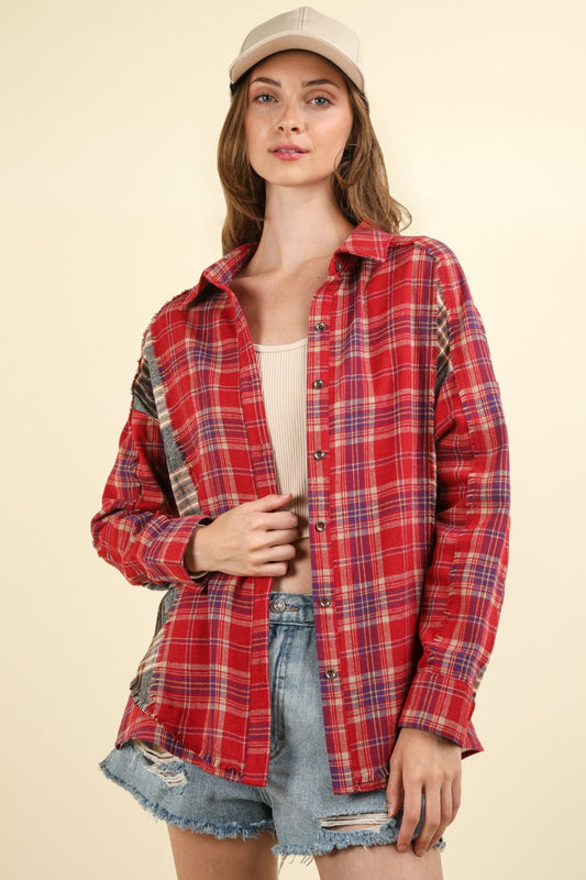 VERY J Contrast Plaid Pattern Frayed Detail Long Sleeves Oversized Shirt | Red