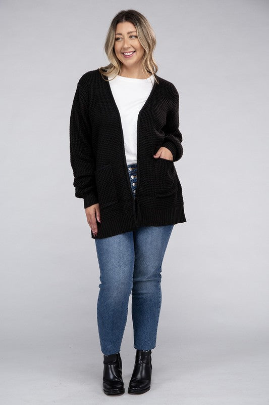 ZENANA Plus Low Gauge Waffle Oversized Open Front Sweater Cardigan