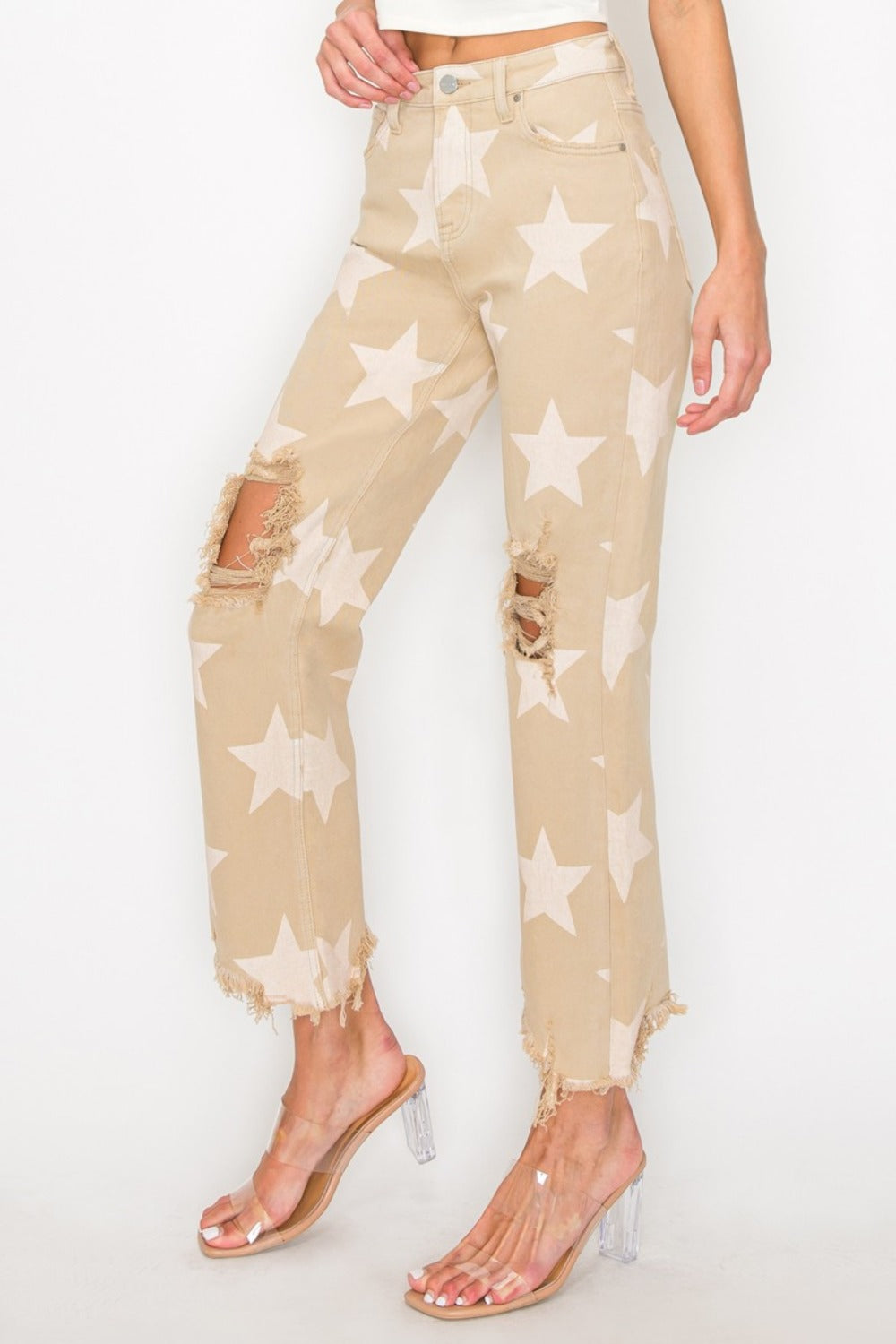 RISEN High Rise Star Printed Distressed Frayed Hem Straight Denim Jeans | Khaki