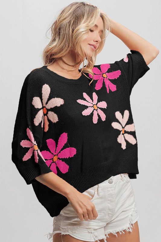 BiBi Floral Pattern Lightweight Short Sleeves Cropped Sweater | Black/Fuchsia