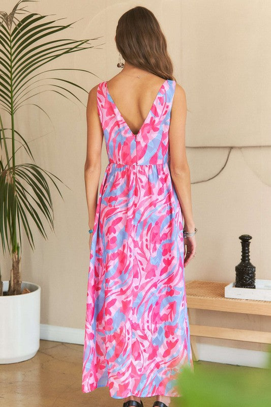 ADORA Abstract Floral Pattern V-Neck Sleeveless Zipper Back Maxi Dress | Pink