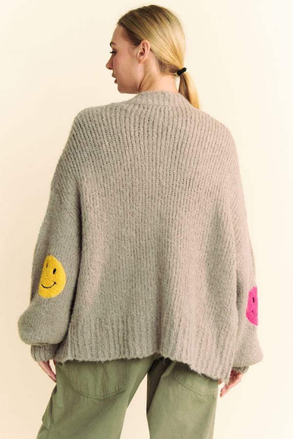 Davi & Dani Fuzzy Smile Long Bell Sleeves Oversized Open Knit Cardigan | Gray