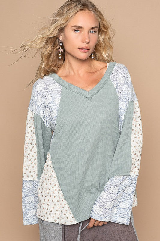 POL Lace Floral Round Neck Knit Top | Air Force Blue