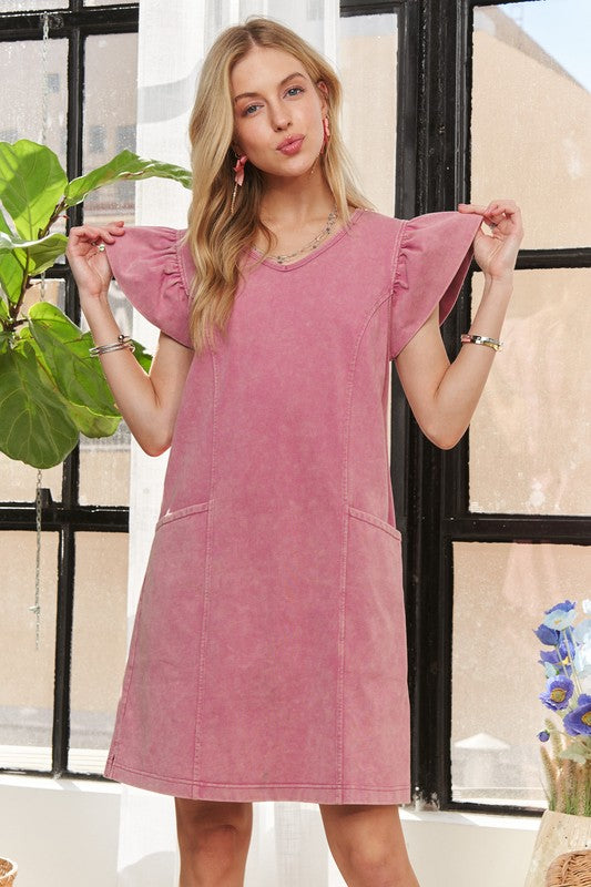 ADORA Mineral Washed V-Neck Ruffled Cap Sleeve Dress | Mauve