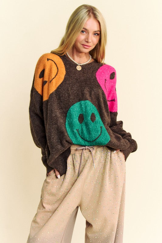 Davi & Dani Contrast Smile Round Neck Oversized Pullover Sweater | Dark Brown