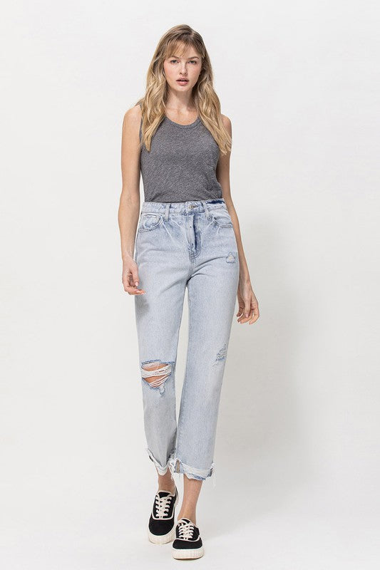 VERVET Minor Mishap Super High Rise Distressed Relaxed Cuffed Straight Jeans