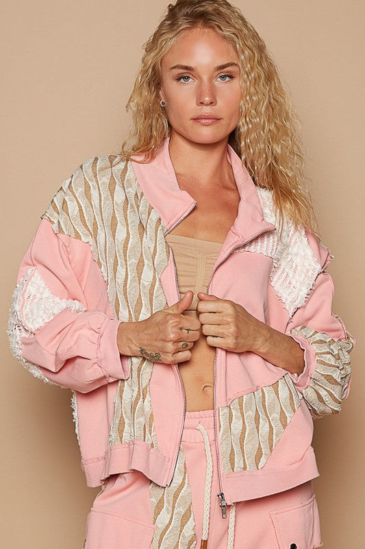 POL Applique Patchwork Zip Up Jacket | Watermelon Pink