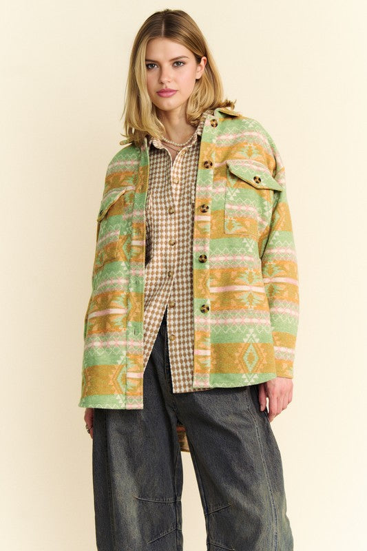 Davi & Dani High-Low Geometric Pattern Long Sleeves Pockets Shacket | Gum Leaf