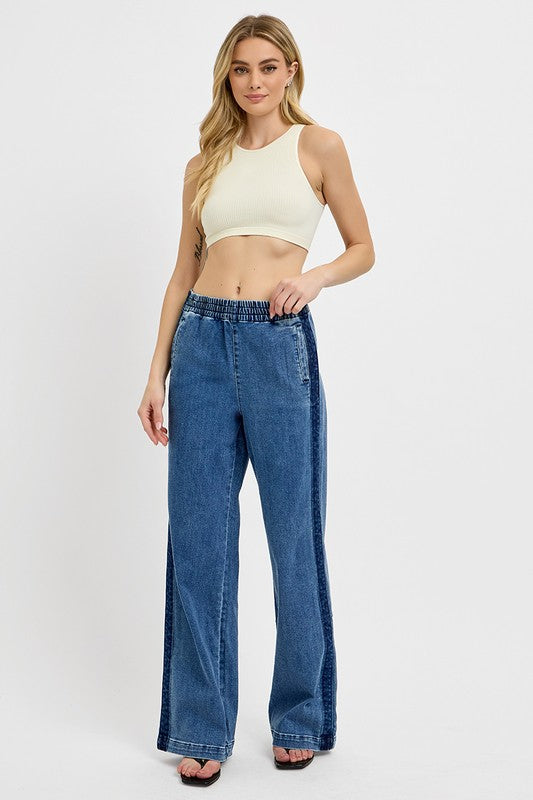 RISEN High Rise Elastic Band Side Seam Detail Medium Wash Wide Leg Denim Jeans