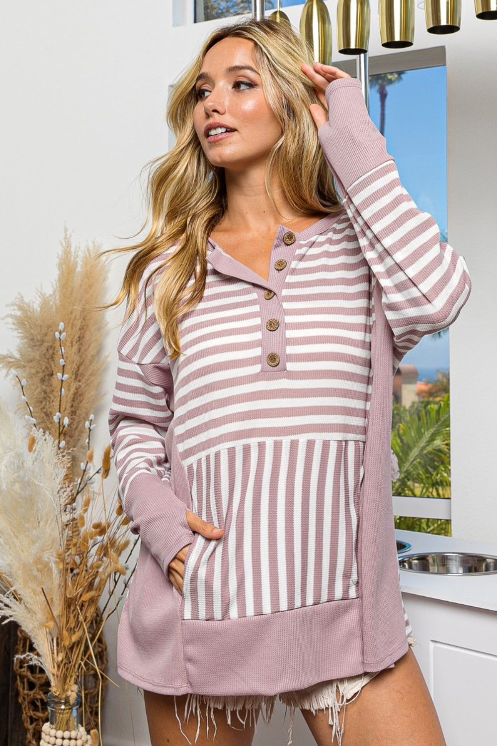 BiBi Striped Pattern Thumbhole Long Sleeves Half Buttoned Pullover Top | Mauve