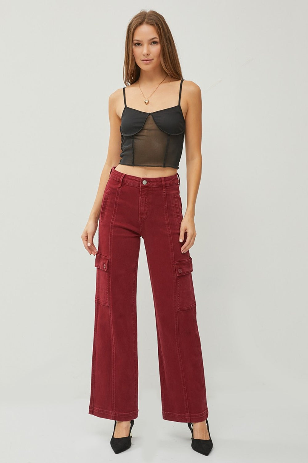 RISEN High Rise Cargo Pockets Zipper Fly Stretchy Wide Leg Denim Jeans | Wine