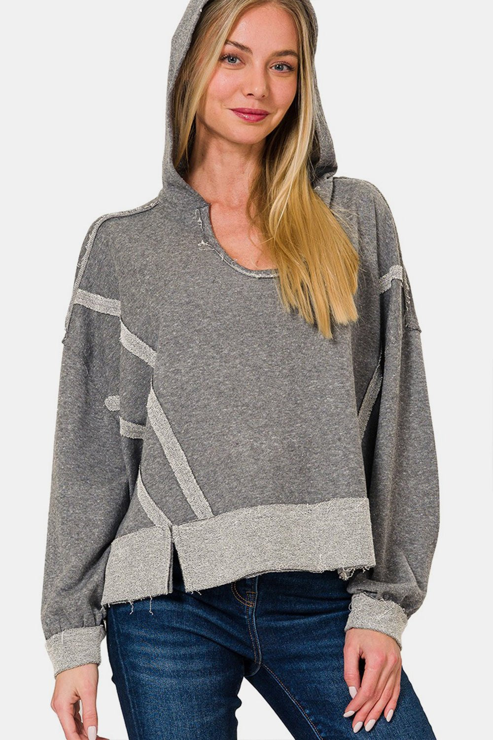 ZENANA Contrast Trim Slit Raw Hem Long Sleeves Hoodie Sweatshirt | Dark Gray