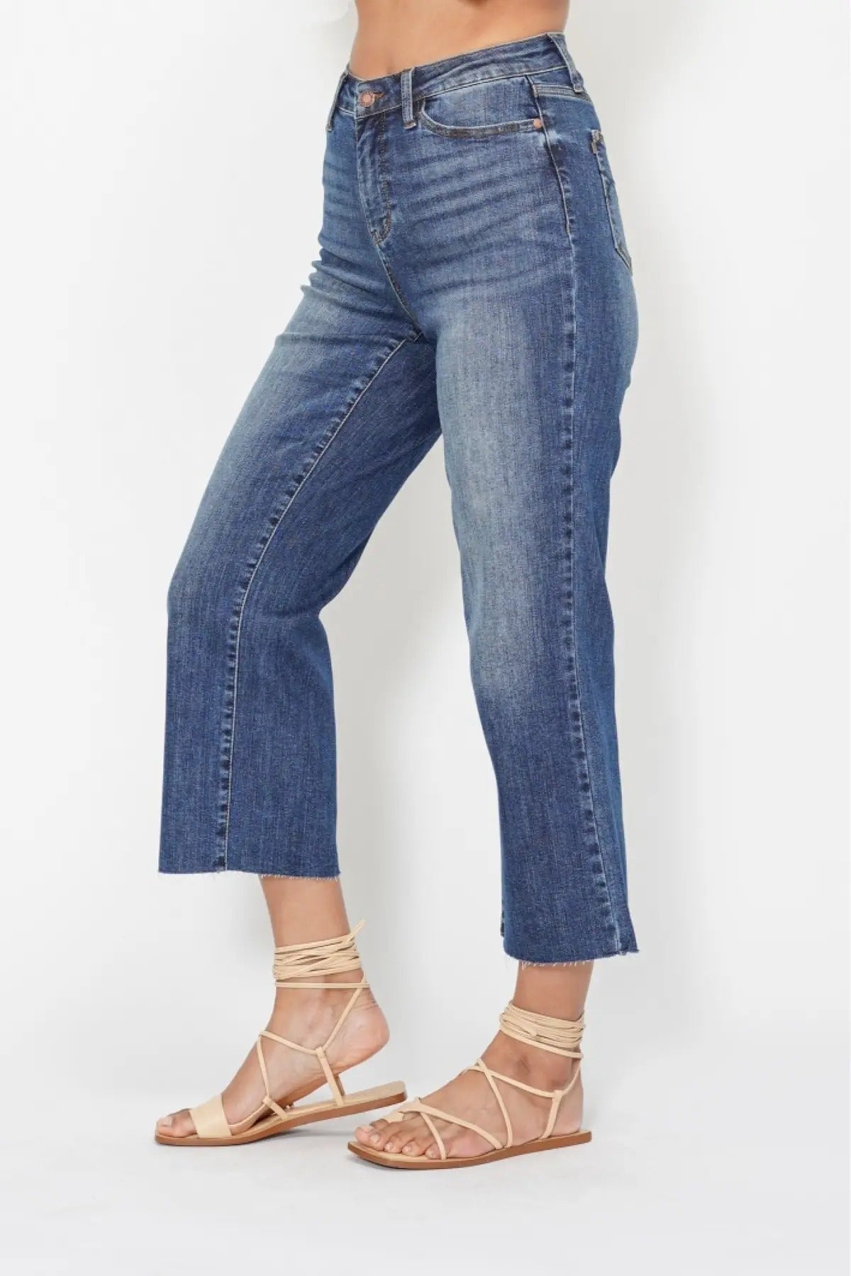 Judy Blue High Waist Back Pockets Embroidery Dark Wash Cropped Wide Denim Jeans