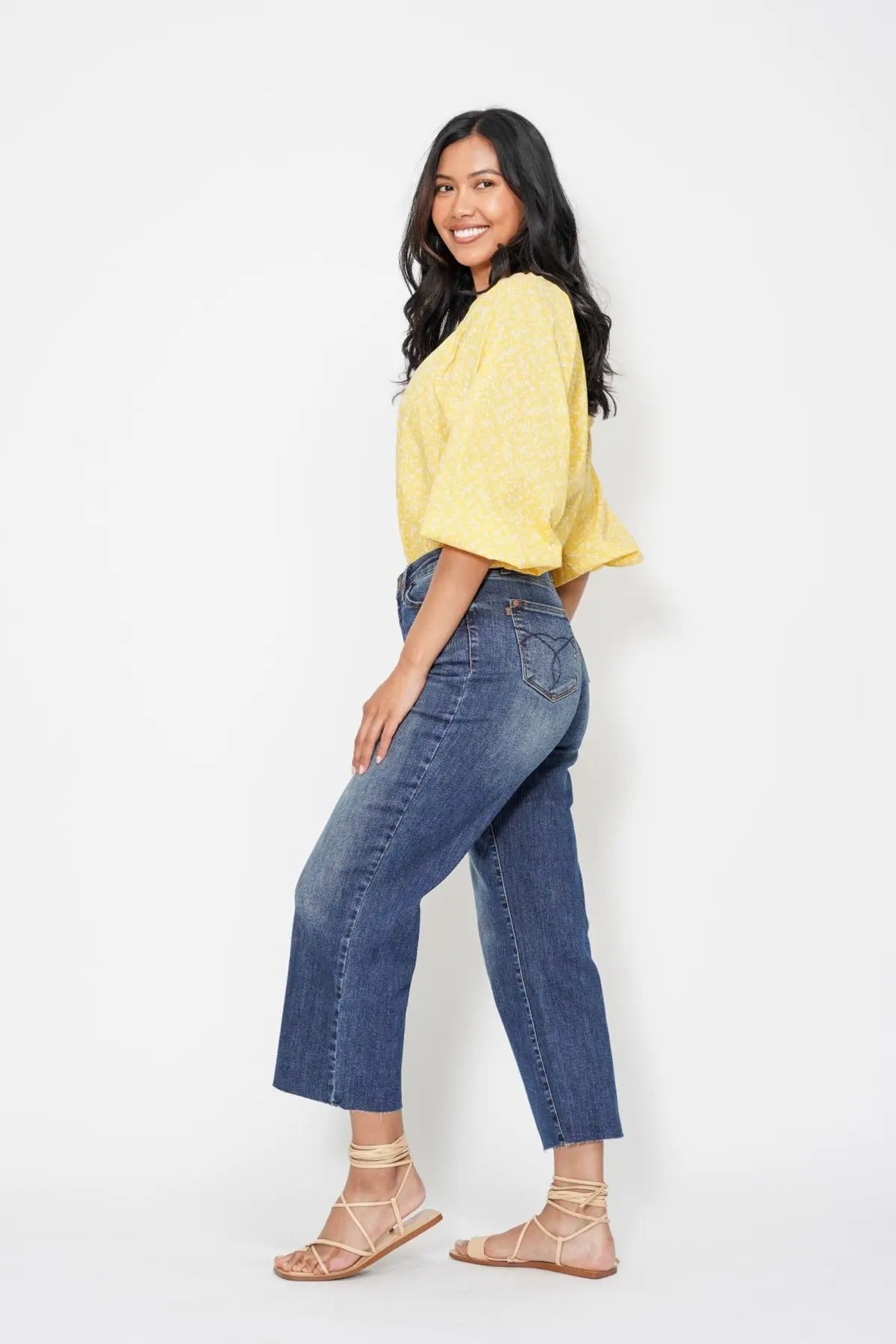 Judy Blue High Waist Back Pockets Embroidery Dark Wash Cropped Wide Denim Jeans