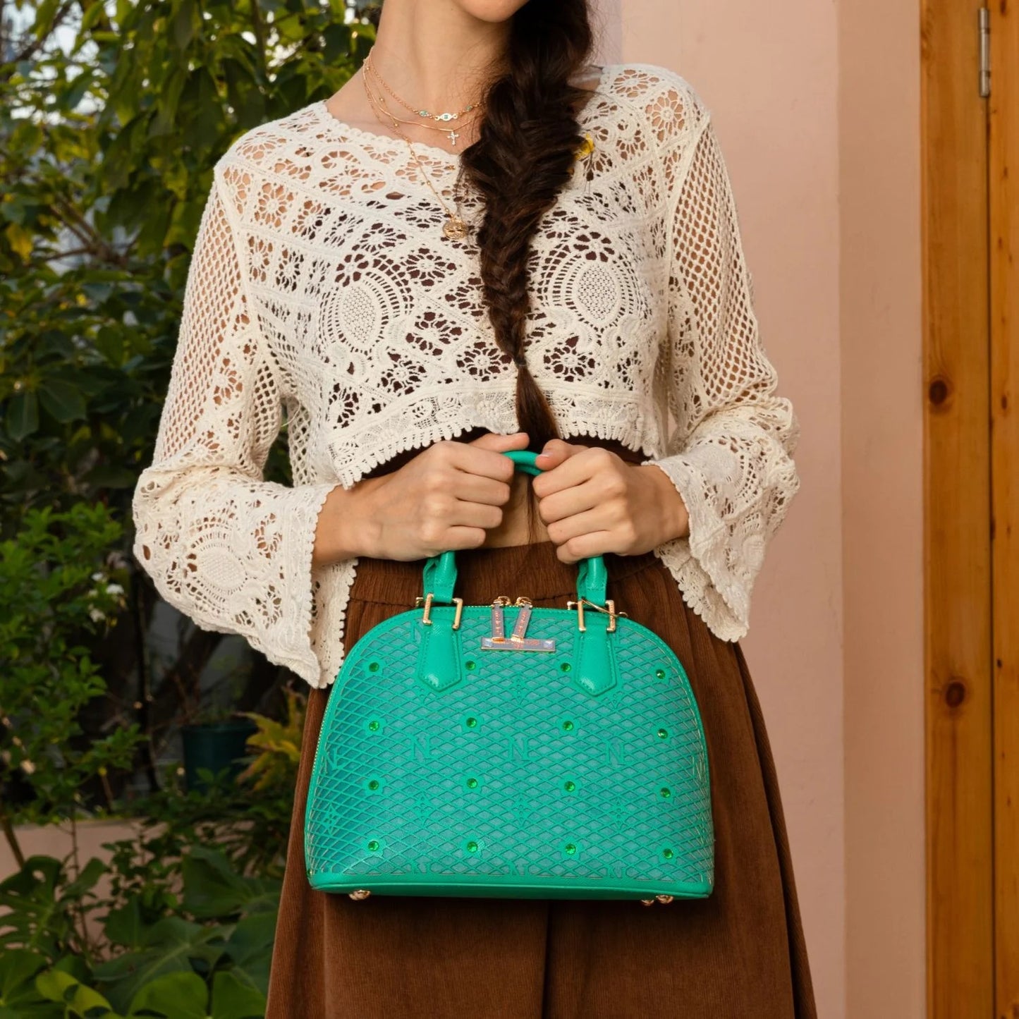 Nicole Lee USA Gracie Flower Pattern Pocket Vegan Leather Dome Satchel