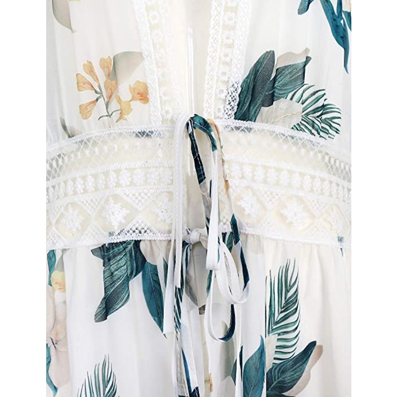 Chiffon Floral Print Lace Trim Cover Up Longline Beachwear | Size XL