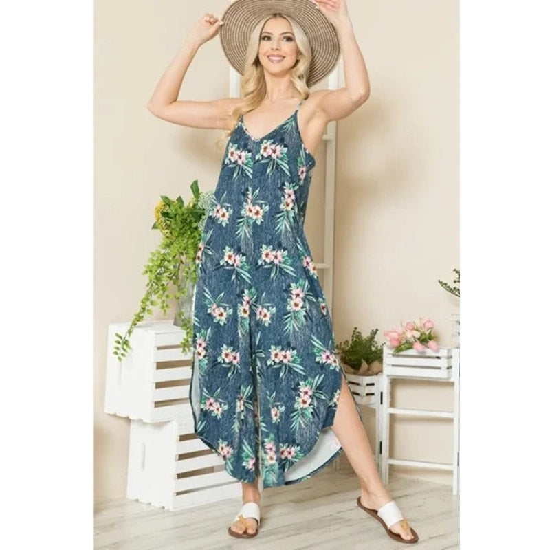 Orange Farm Floral Pattern Side Slits Sleeveless Pockets Jumpsuit | Size XL