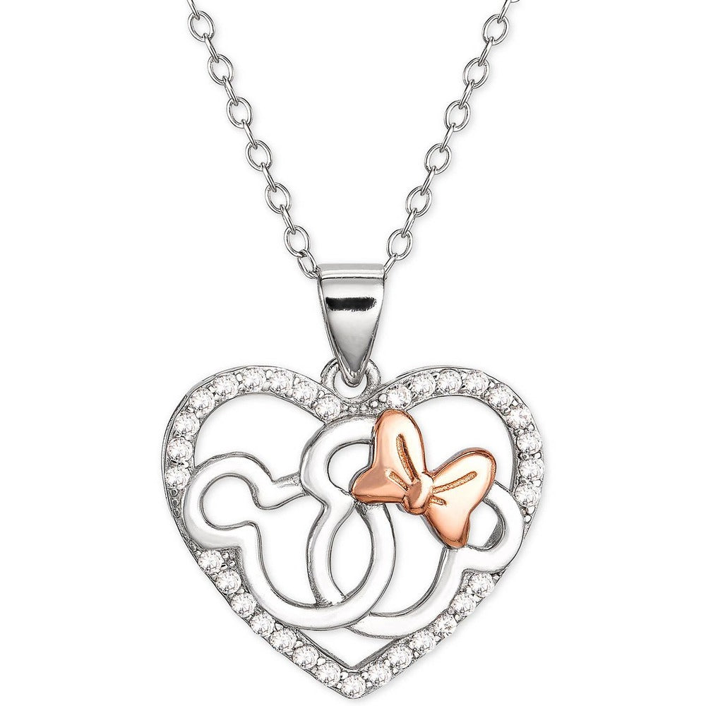 DISNEY Mickey Minnie Heart Pendant Necklace in Sterling Silver & 18k Rose Gold-Plate
