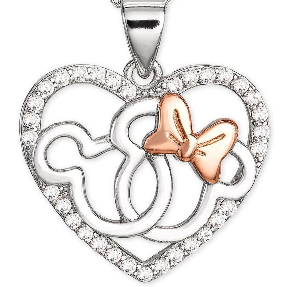 DISNEY Mickey Minnie Heart Pendant Necklace in Sterling Silver & 18k Rose Gold-Plate