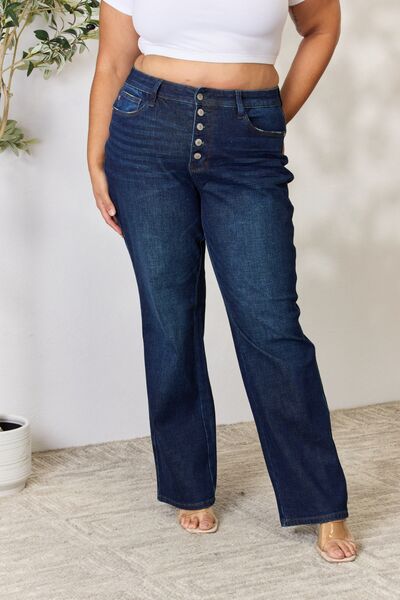 Judy Blue Full Size High Rise Dark Wash Button Fly Straight Jeans