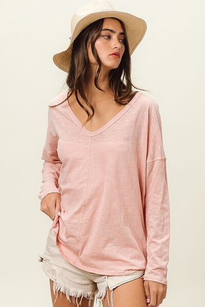 BiBi Exposed Seam V-Neck Long Sleeves Relaxed Fit T-Shirt