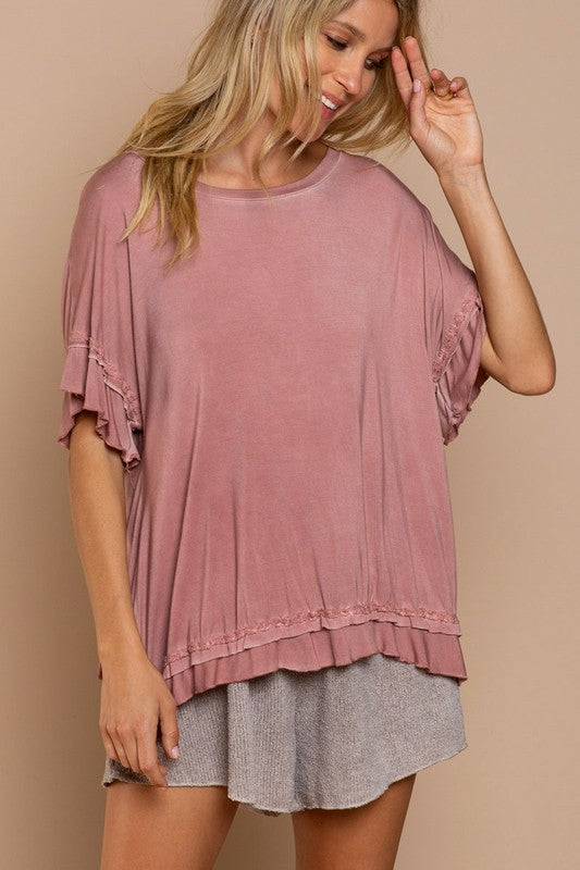POL Peek-A-Boo Relaxed Fit Round Neck Ruffle Detail Overlay Knit Top
