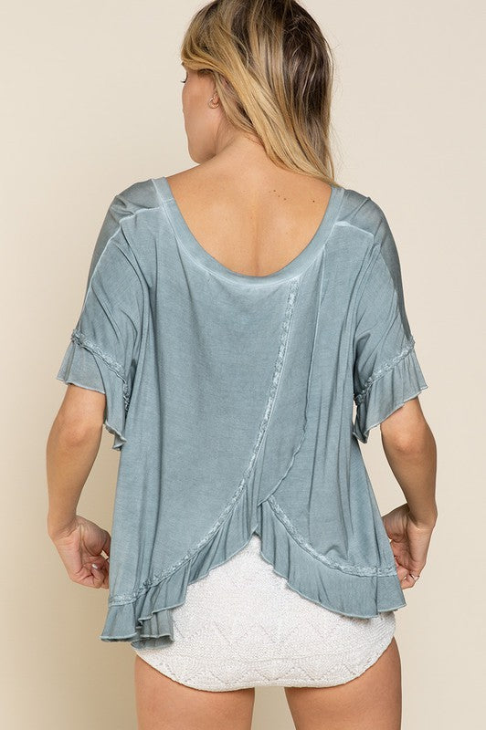 POL Peek-A-Boo Relaxed Fit Round Neck Ruffle Detail Overlay Knit Top