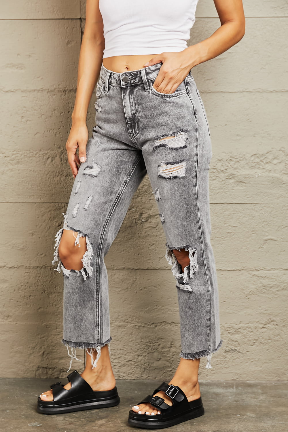 BAYEAS Acid Wash Distressed Raw Hem Cropped Straight Jeans