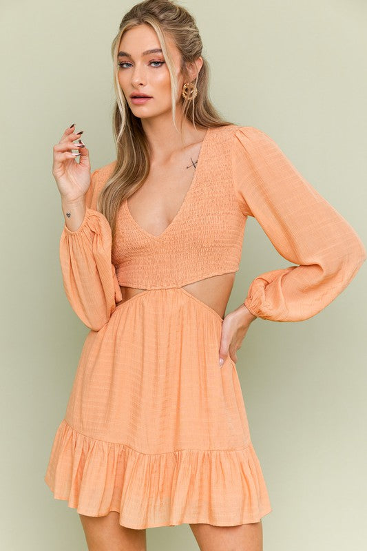 LE LIS Long Sleeves V-Neck Smocking Bodice Mini Dress in Light Orange