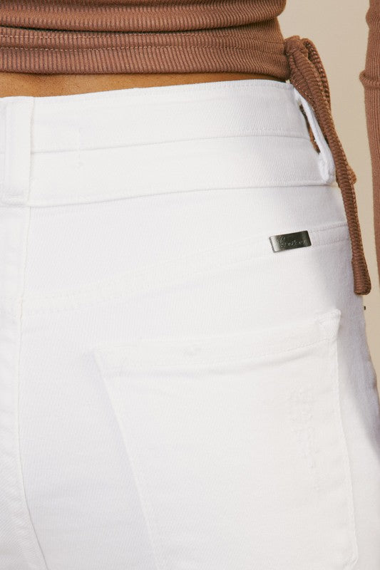 KANCAN High Rise Double Button Waistband Slim Straight Jeans in White