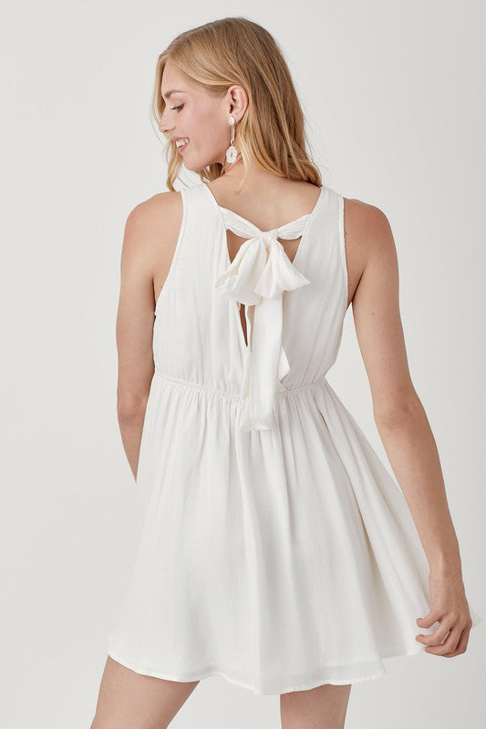 MUSTARD SEED V-Neckline Smocked Sleeveless Tie Back Mini Dress in Creamy White